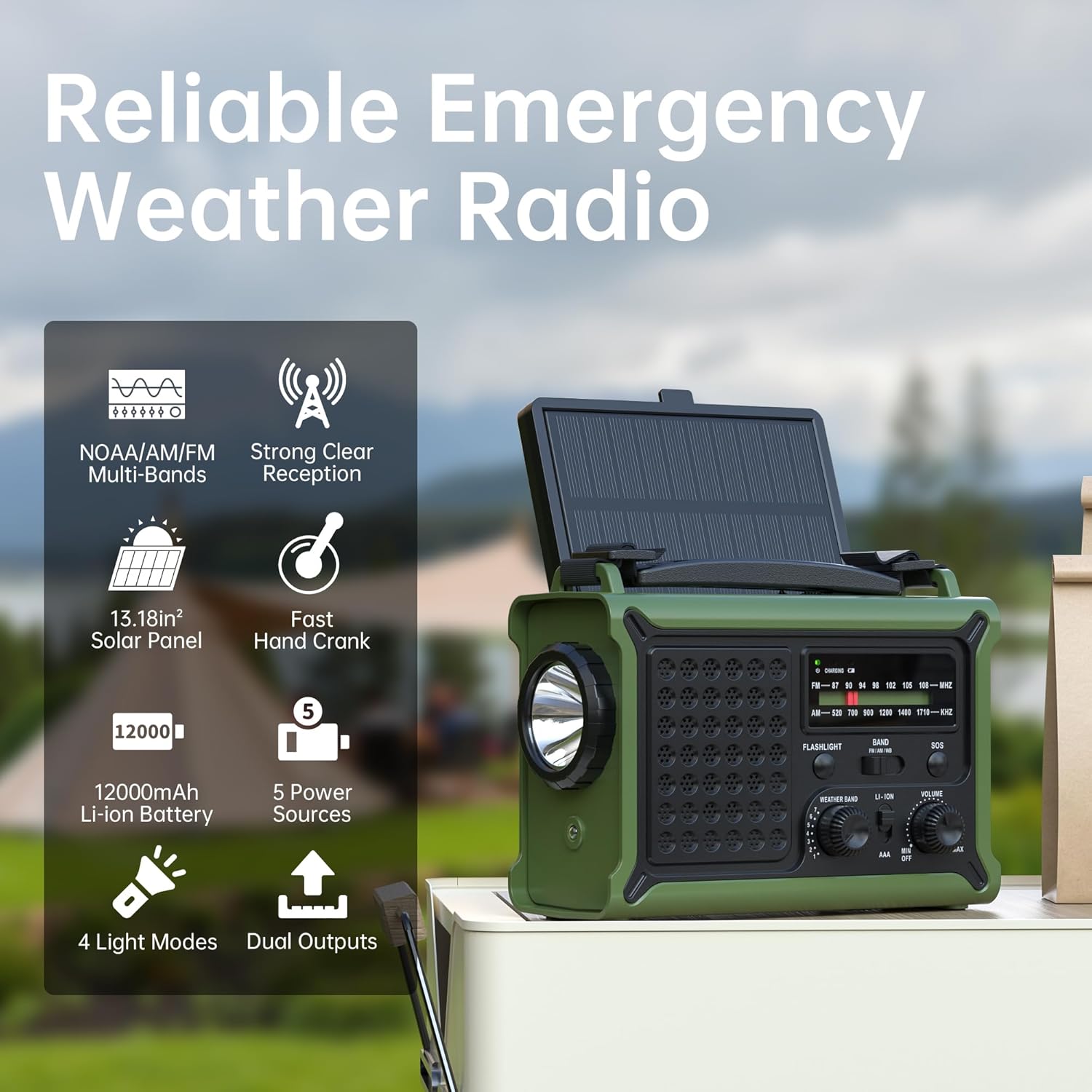 Solar Radio Emergency Hand Crank 12000mAh with Clear Signal | AM FM NOAA Weather Radio Battery Operated with 2-Mode LED Flashlight Cell Phone Charger Dual Outputs SOS - Image 2