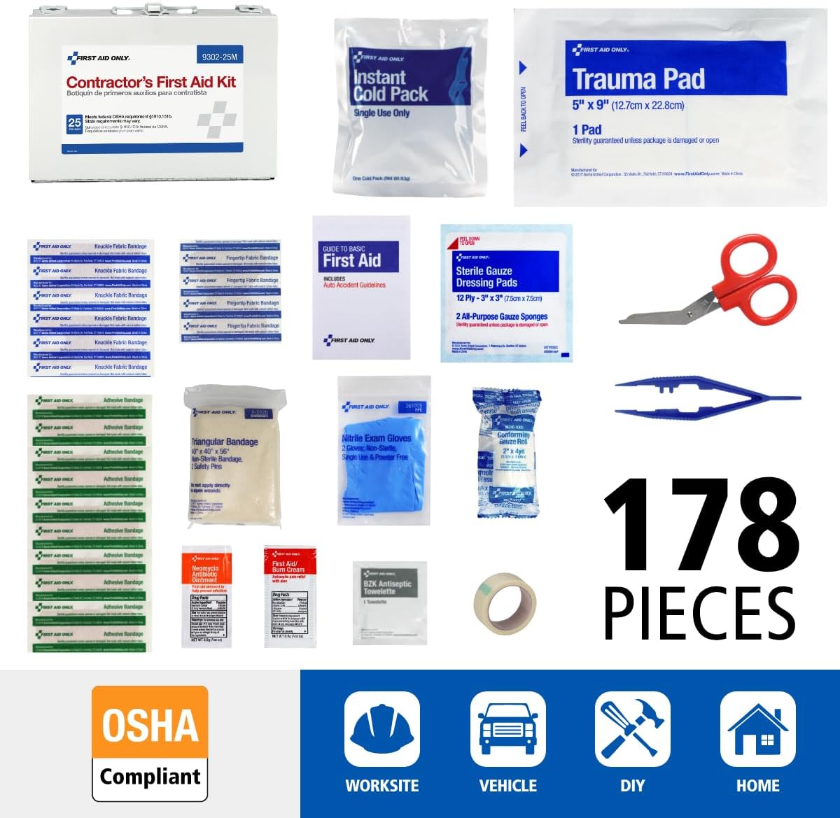 First Aid Only 9302-25M 25-Person Contractor's First Aid Kit for Home Renovation, Job Sites, and Construction Vehicles, 178 Pieces, White - Image 2