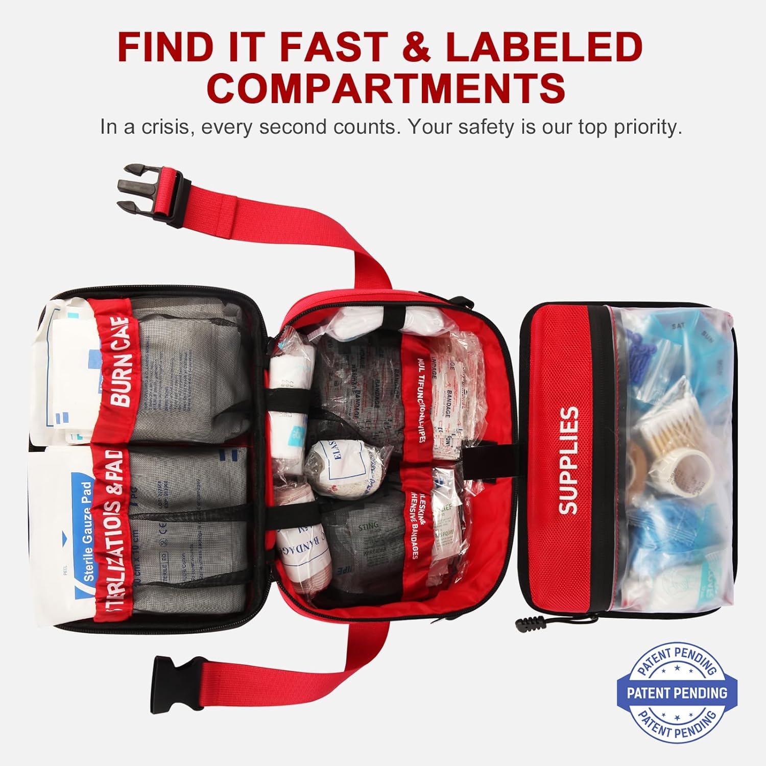 516 Piece First Aid Kit for Car, Travel & Home, FSA Eligible HSA Items - Large Professional Waterproof Compact Labeled Emergency Kit with Molle Shoulder Strap for Camping, Hiking & Survival - Image 2