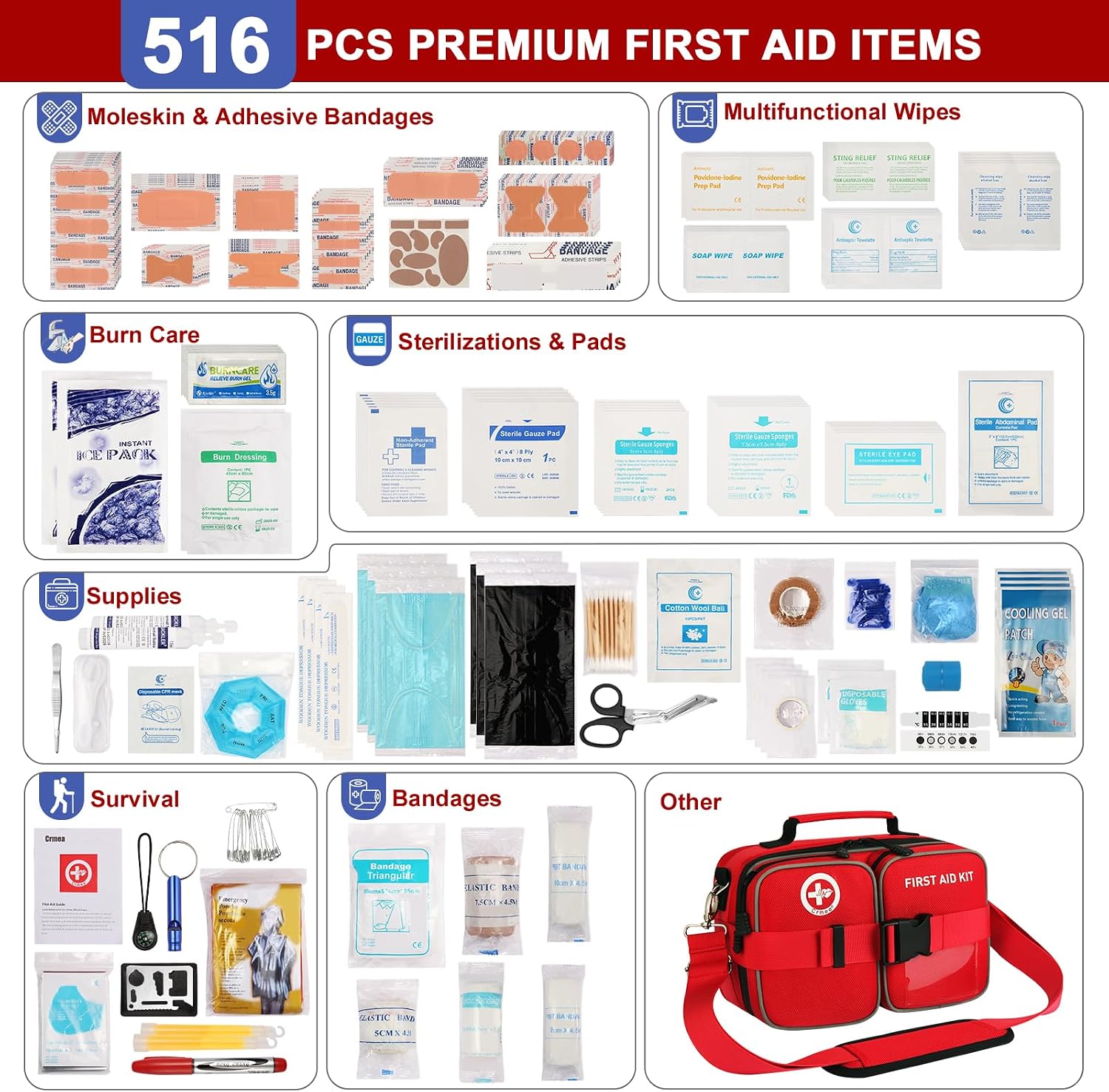 516 Piece First Aid Kit for Car, Travel & Home, FSA Eligible HSA Items - Large Professional Waterproof Compact Labeled Emergency Kit with Molle Shoulder Strap for Camping, Hiking & Survival - Image 3
