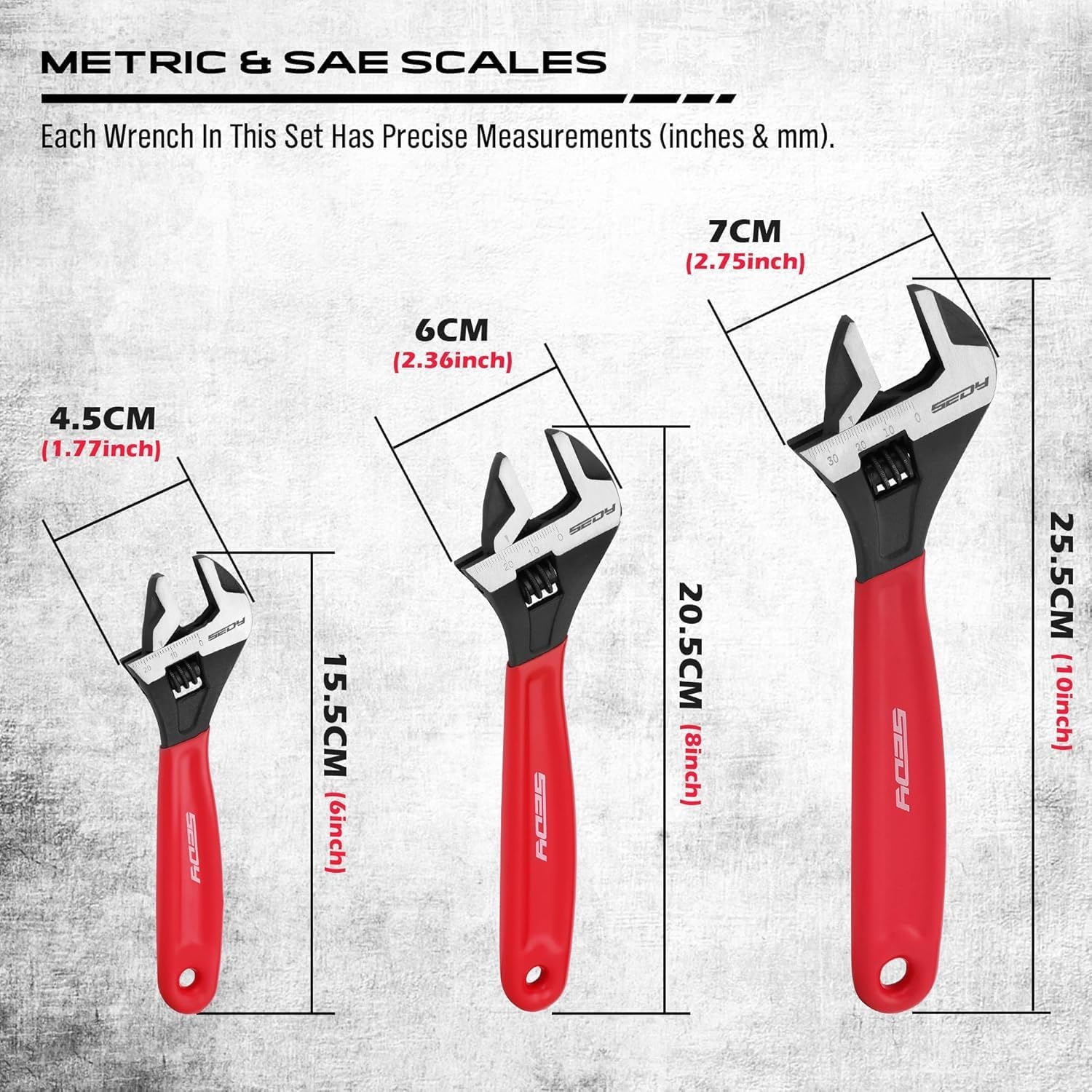 SEDY Adjustable Wrench Set Pipe Spanner: 6" 8" 10" Wide Jaw Black Oxide Wrench With Cushion Grip, Laser Marked Metric & SAE Scales, CR-V Steel for Professional - Image 2