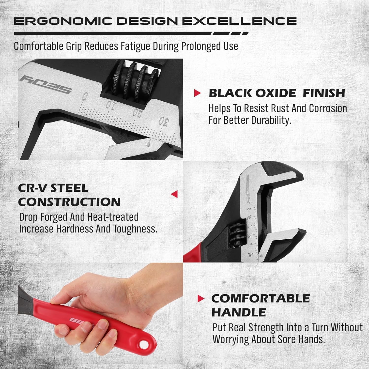 SEDY Adjustable Wrench Set Pipe Spanner: 6" 8" 10" Wide Jaw Black Oxide Wrench With Cushion Grip, Laser Marked Metric & SAE Scales, CR-V Steel for Professional - Image 5
