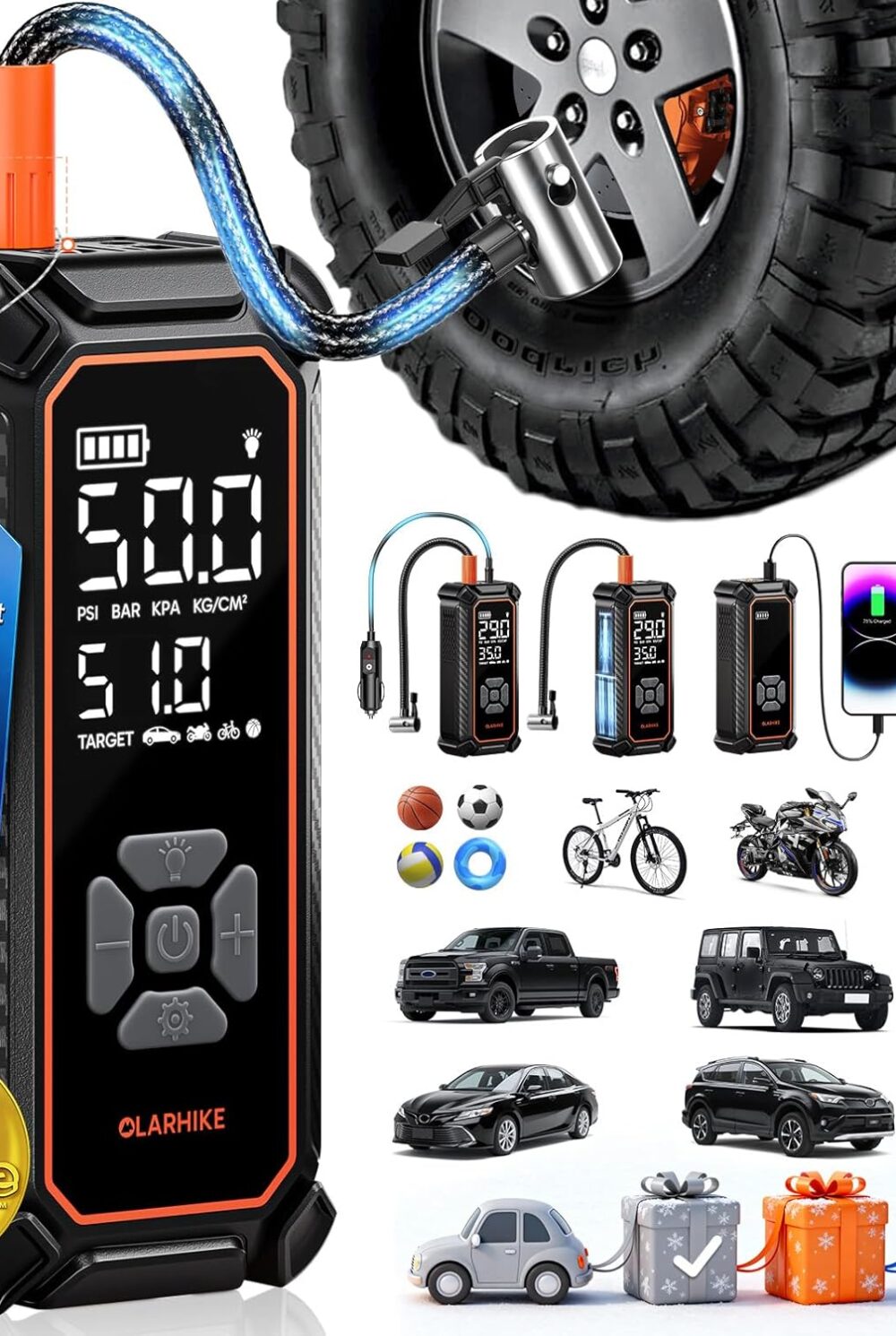 OlarHike Tire Inflator Portable Air Compressor, Dual Power-3 * 2000mAh & 12V DC | Lightning-Fast Inflation, Auto Shut-off, Cordless Air Pump for Car Tires, Bikes, Balls with LED & Digital Pressure Gauge