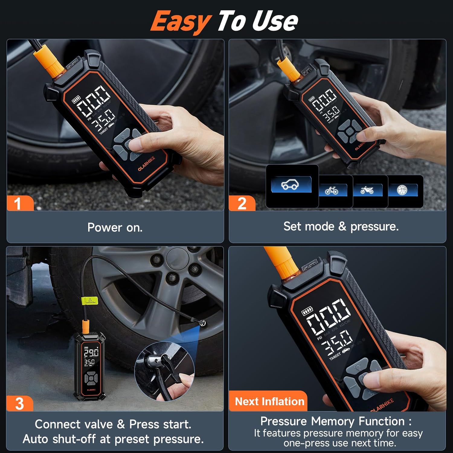 OlarHike Tire Inflator Portable Air Compressor, Dual Power-3 * 2000mAh & 12V DC | Lightning-Fast Inflation, Auto Shut-off, Cordless Air Pump for Car Tires, Bikes, Balls with LED & Digital Pressure Gauge - Image 12