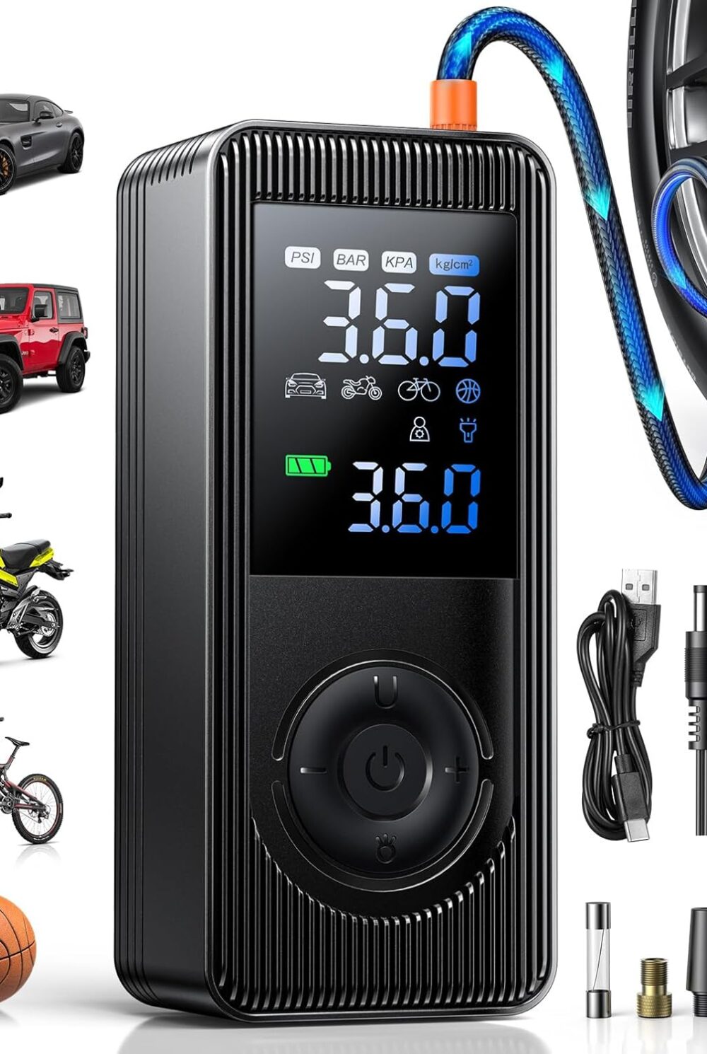 Tire Inflator Portable Air Compressor - 150 PSI 4X Fast Inflation Rechargeable Battery & 12V DC Adapter Powered Air Pump for Car Bike Motorcycle Tires Balls with LCD Display, LED Light