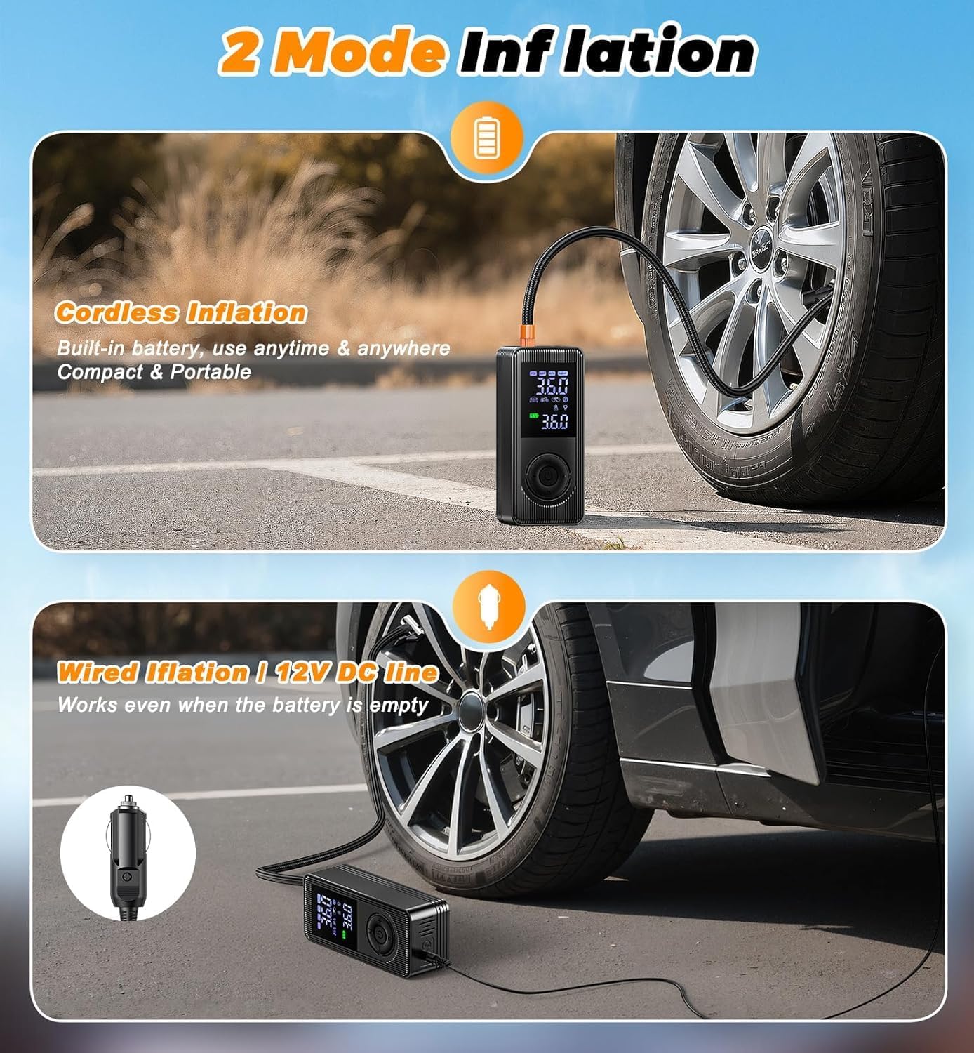 Tire Inflator Portable Air Compressor - 150 PSI 4X Fast Inflation Rechargeable Battery & 12V DC Adapter Powered Air Pump for Car Bike Motorcycle Tires Balls with LCD Display, LED Light - Image 2