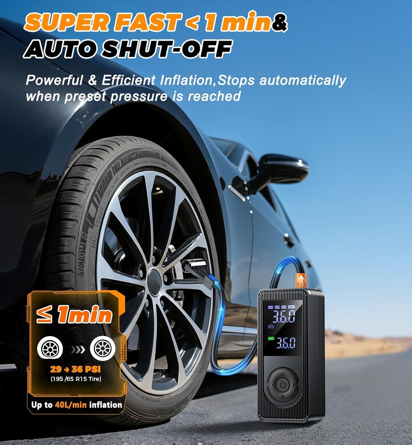 Tire Inflator Portable Air Compressor - 150 PSI 4X Fast Inflation Rechargeable Battery & 12V DC Adapter Powered Air Pump for Car Bike Motorcycle Tires Balls with LCD Display, LED Light - Image 3