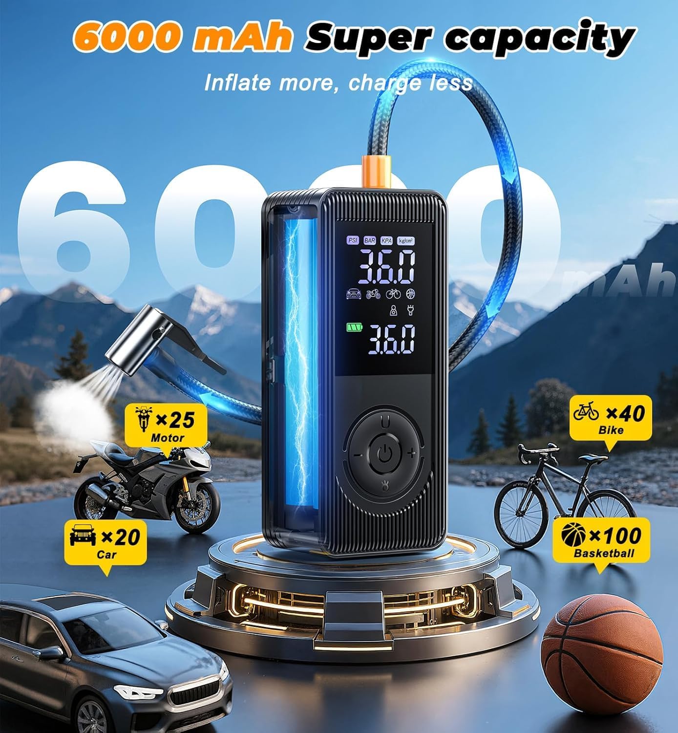 Tire Inflator Portable Air Compressor - 150 PSI 4X Fast Inflation Rechargeable Battery & 12V DC Adapter Powered Air Pump for Car Bike Motorcycle Tires Balls with LCD Display, LED Light - Image 4