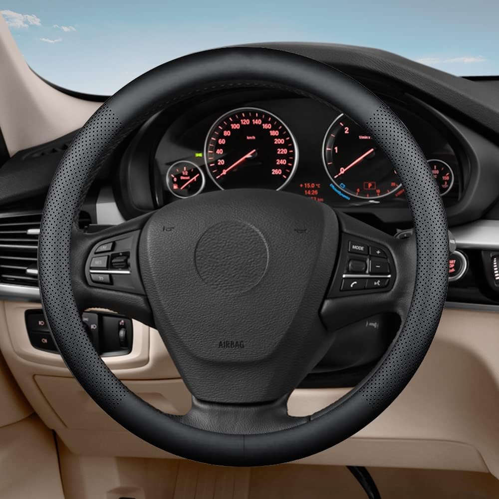 Car Steering Wheel Cover,Universal 15 Inch Premium Leather Car Steering Wheel Cover,Best Grip,Perforated Design,Breathable,Non-Slip,Sweat-Absorbent,Warm in Winter and Cool in Summer (Black) - Image 4