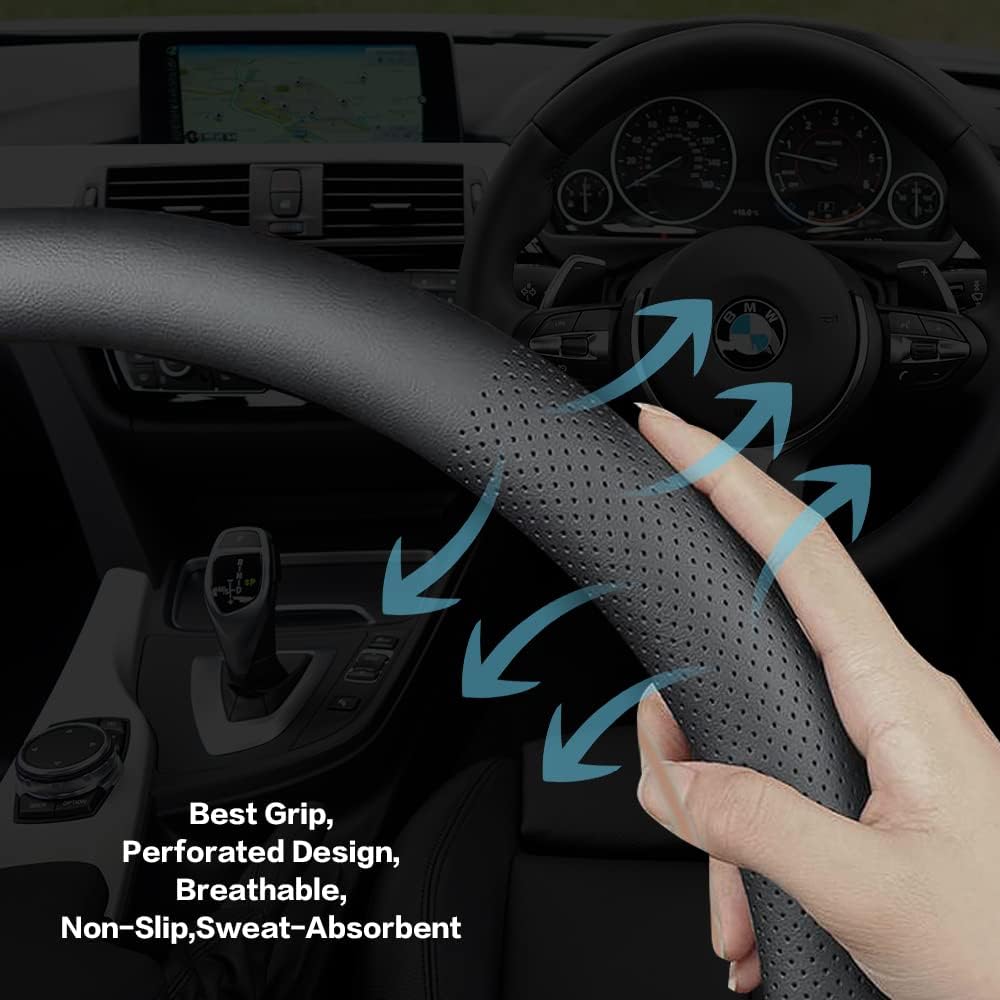 Car Steering Wheel Cover,Universal 15 Inch Premium Leather Car Steering Wheel Cover,Best Grip,Perforated Design,Breathable,Non-Slip,Sweat-Absorbent,Warm in Winter and Cool in Summer (Black) - Image 6