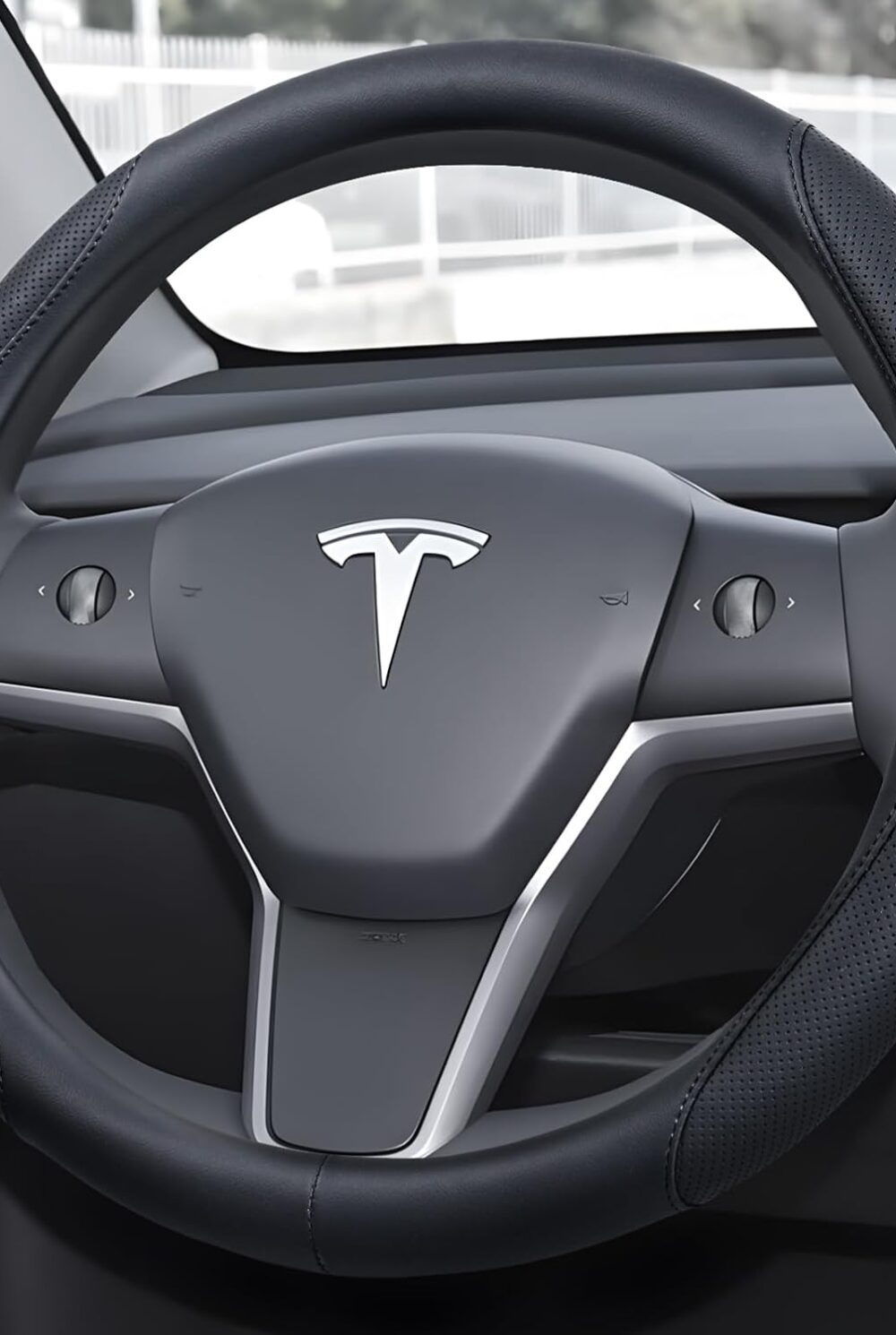 Ouzorp Nappa Leather Steering Wheel Cover for Tesla Model 3 2016-2025 Highland and Model Y 2020-2026 Juniper with Anti-Slip & Breathable Surface-Black