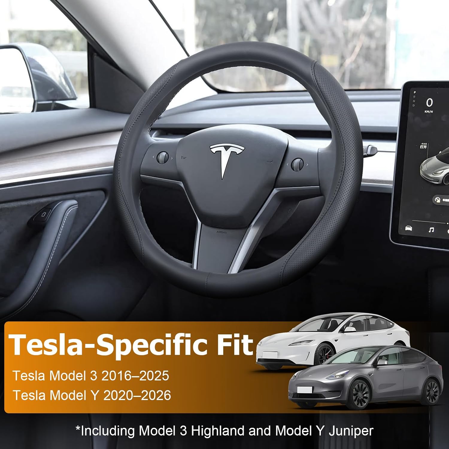 Ouzorp Nappa Leather Steering Wheel Cover for Tesla Model 3 2016-2025 Highland and Model Y 2020-2026 Juniper with Anti-Slip & Breathable Surface-Black - Image 2