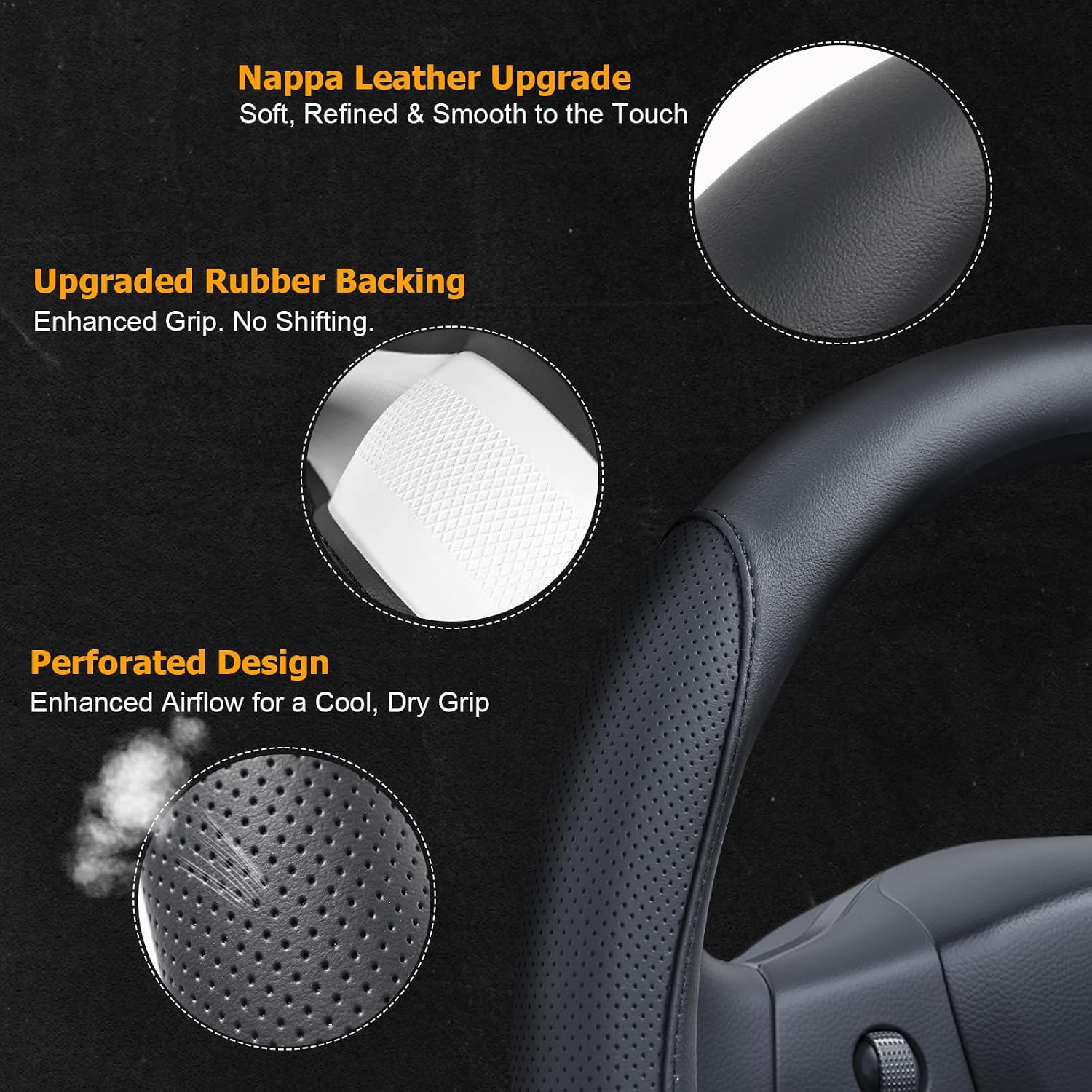 Ouzorp Nappa Leather Steering Wheel Cover for Tesla Model 3 2016-2025 Highland and Model Y 2020-2026 Juniper with Anti-Slip & Breathable Surface-Black - Image 4
