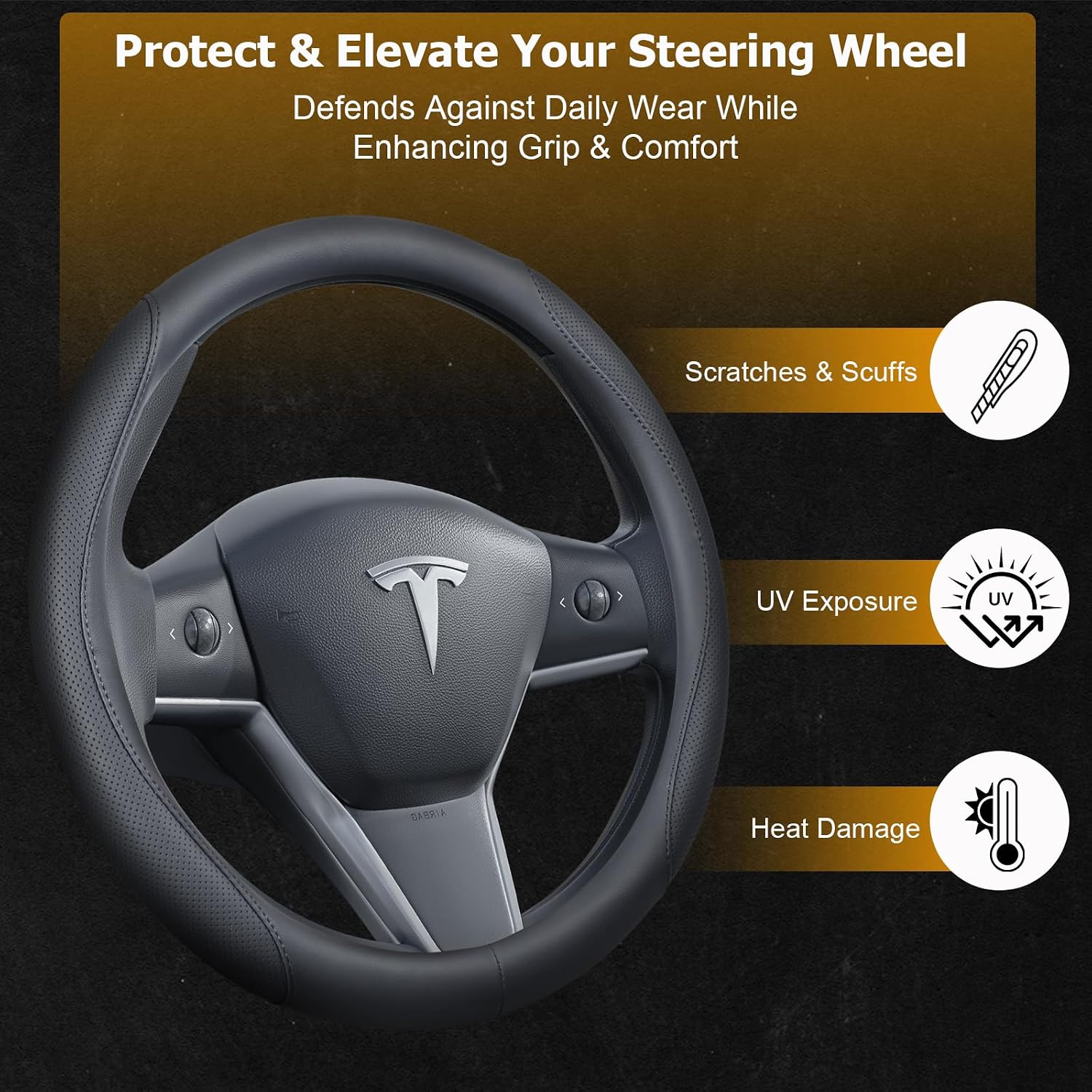 Ouzorp Nappa Leather Steering Wheel Cover for Tesla Model 3 2016-2025 Highland and Model Y 2020-2026 Juniper with Anti-Slip & Breathable Surface-Black - Image 5