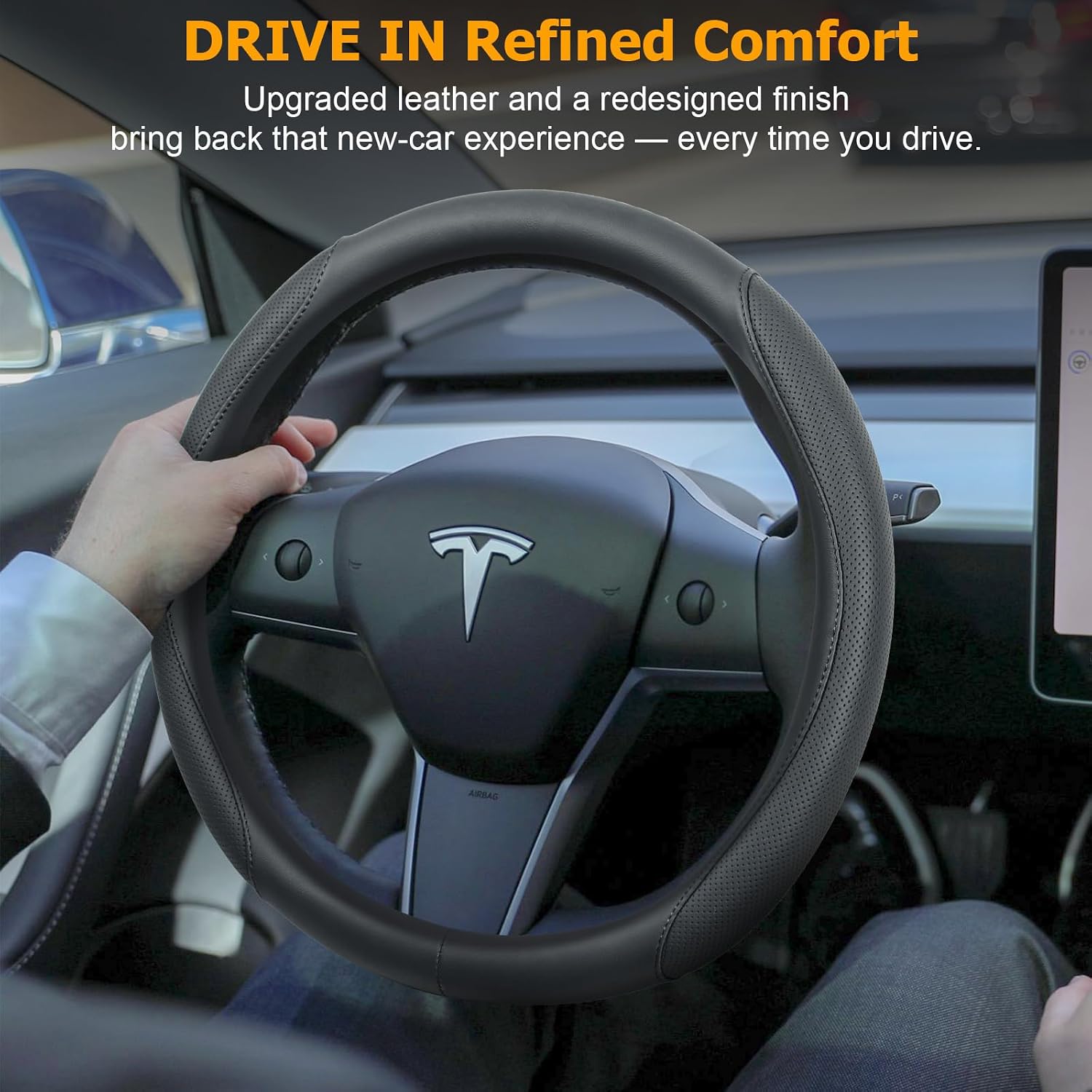 Ouzorp Nappa Leather Steering Wheel Cover for Tesla Model 3 2016-2025 Highland and Model Y 2020-2026 Juniper with Anti-Slip & Breathable Surface-Black - Image 6