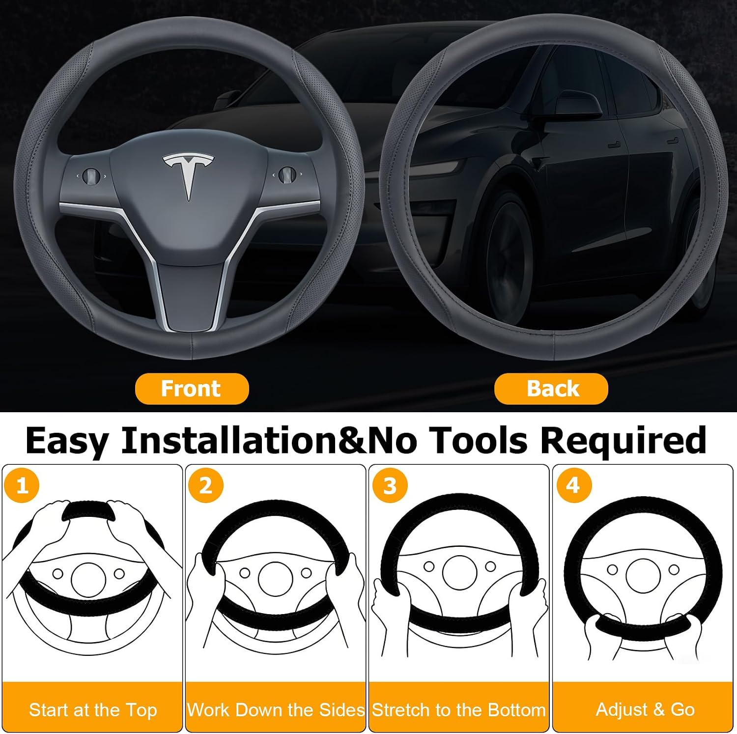 Ouzorp Nappa Leather Steering Wheel Cover for Tesla Model 3 2016-2025 Highland and Model Y 2020-2026 Juniper with Anti-Slip & Breathable Surface-Black - Image 7
